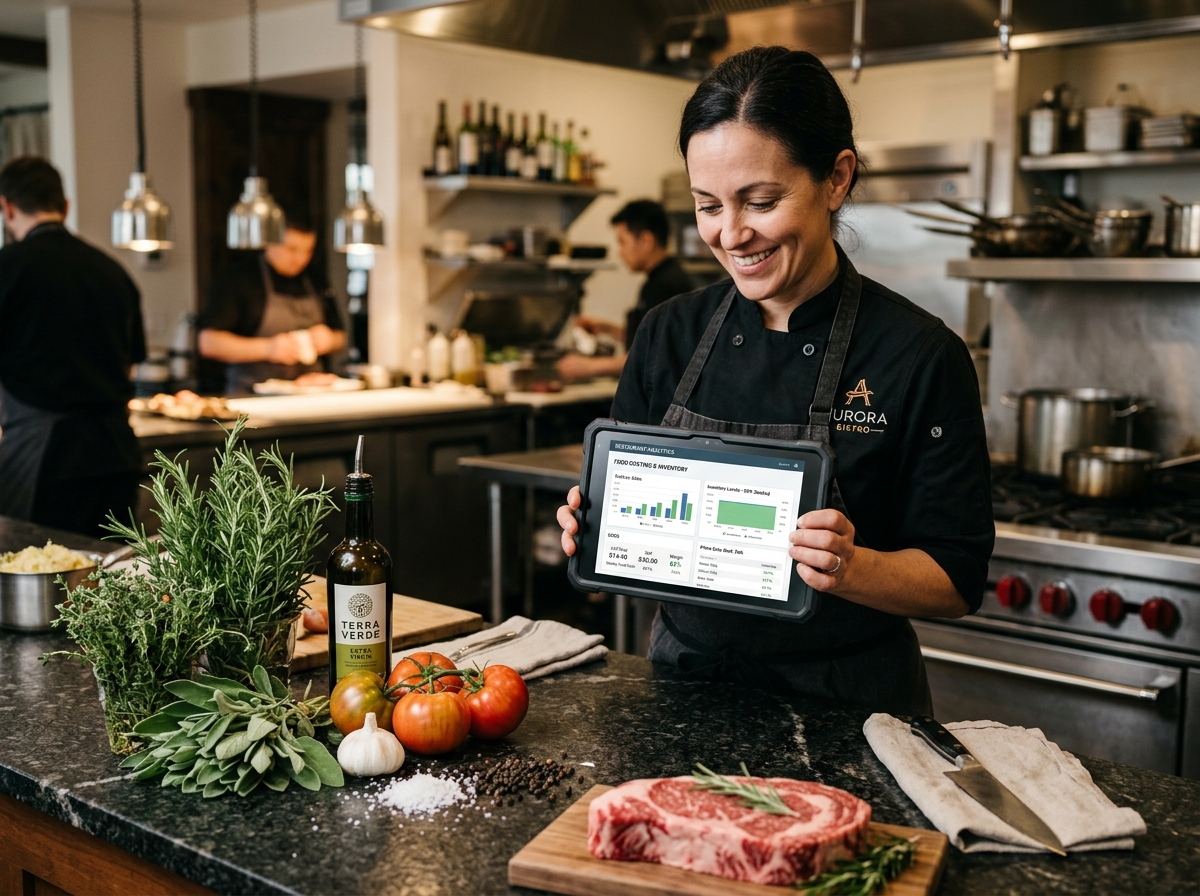 Chef memegang tablet analitik HPP resep