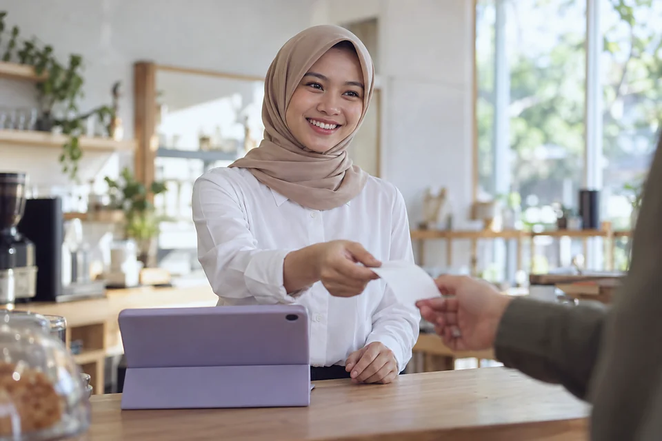 Kasir menyerahkan struk kepada tamu di meja kasir kafe