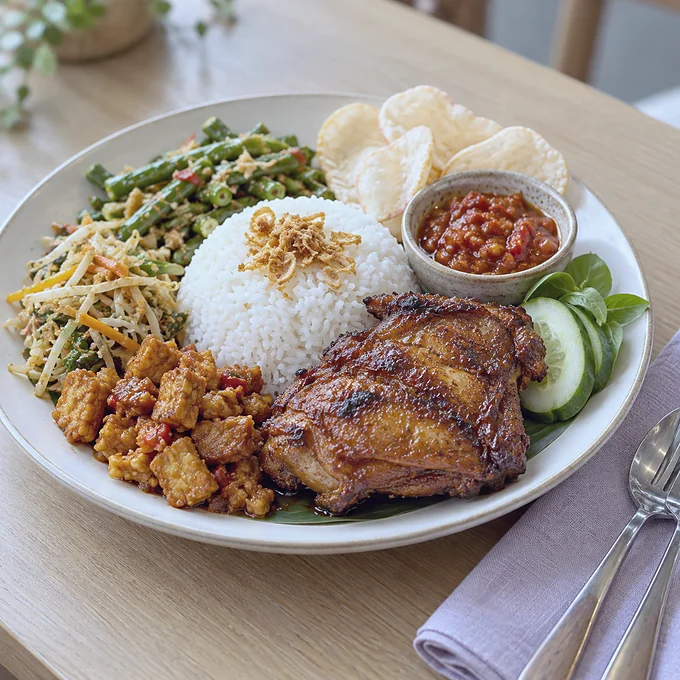Sepiring nasi campur di meja restoran