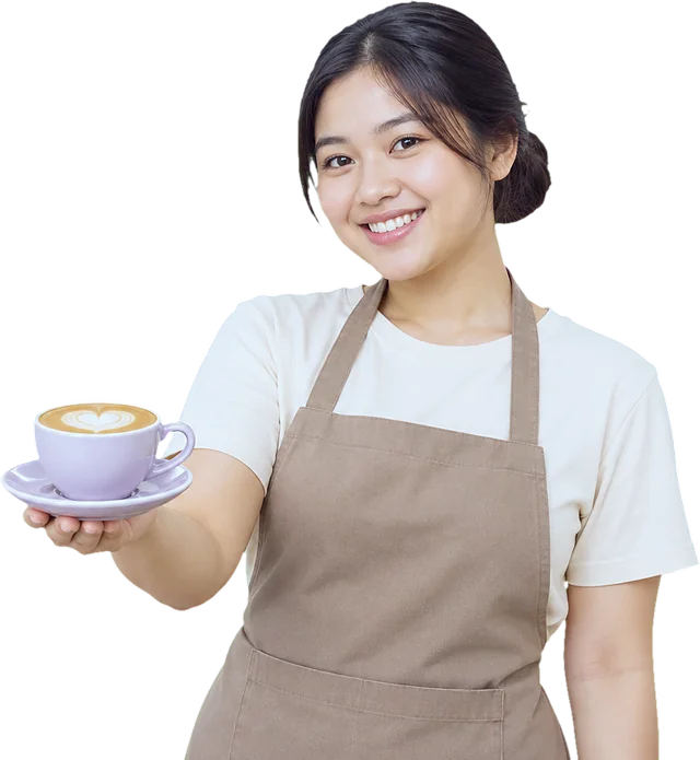 Barista tersenyum menyajikan secangkir kopi
