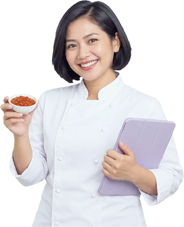 Juru masak tersenyum memegang tablet dan semangkuk sambal
