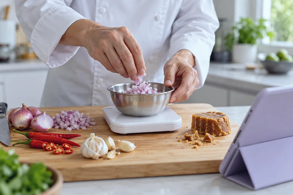 Tangan juru masak menimbang bawang merah untuk resep